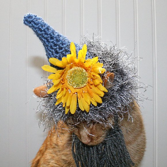 HAND CRAFTED Cat Hat Crochet Garden Gnome Wig Beard Costume Photo Prop - Picture 3 of 10